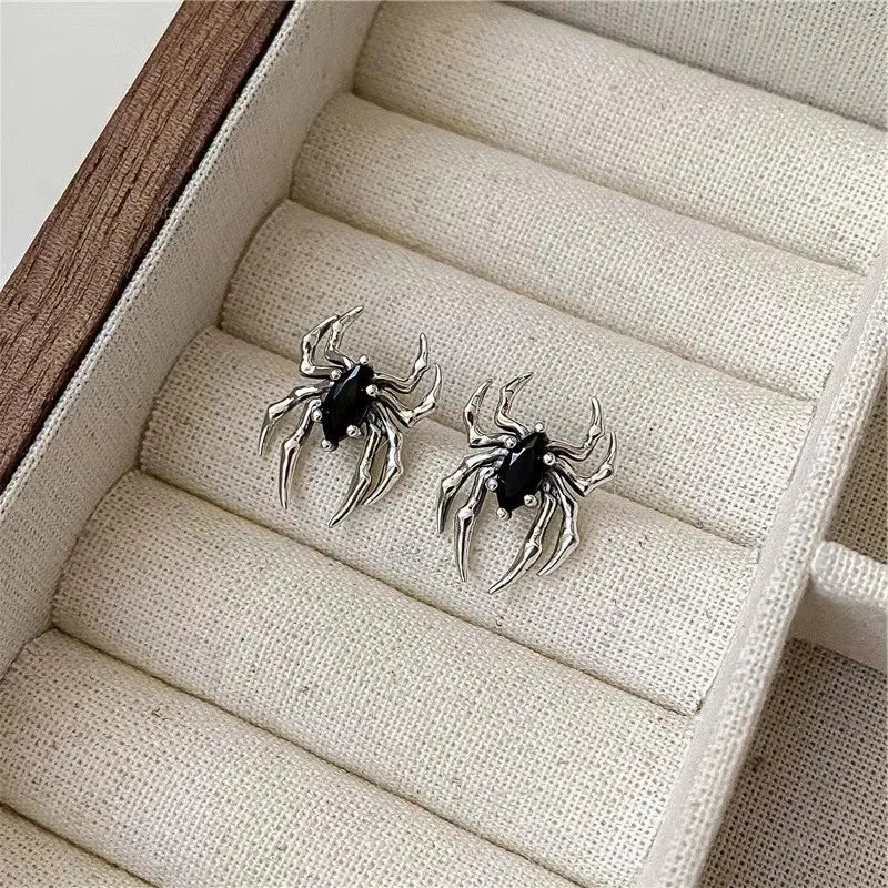 Boucles d'Oreilles Araignée Argentée à Pierre Noire