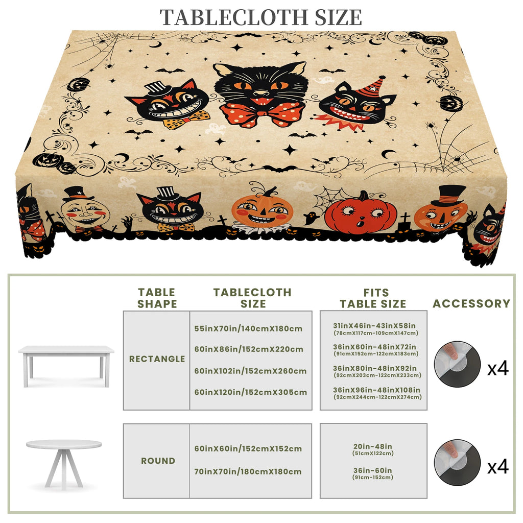 Nappe d'Halloween Rétro Beige à Chats et Citrouilles