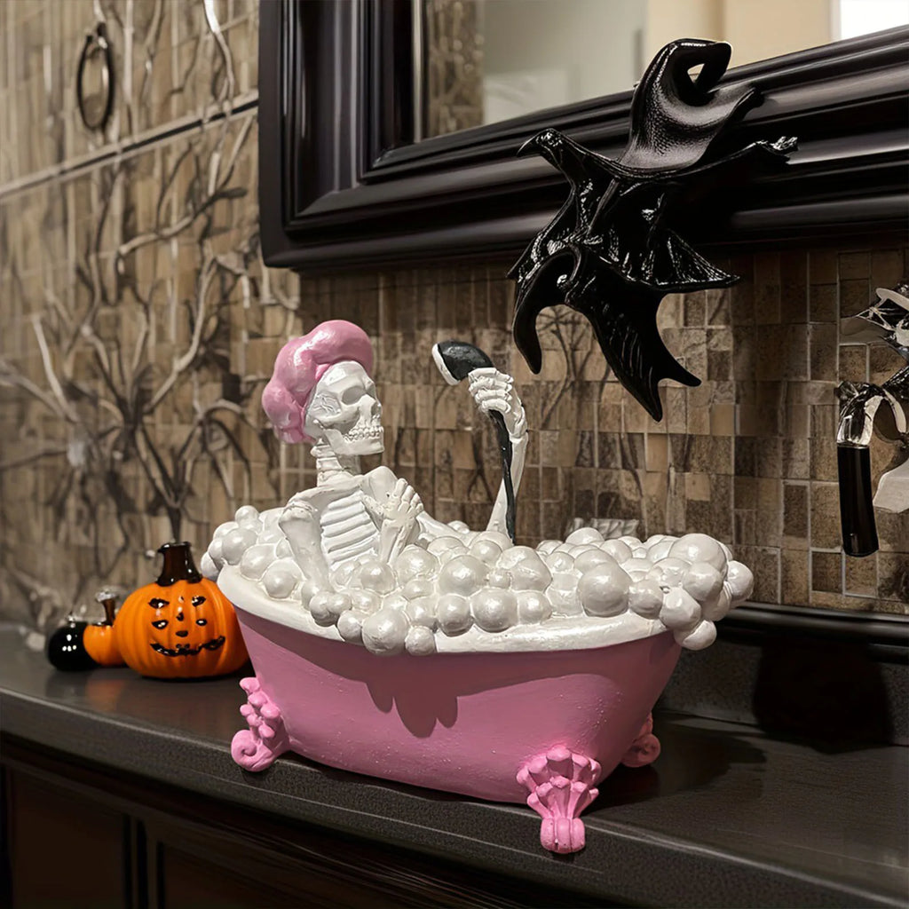 Figurine de Squelette Humoristique dans sa Baignoire Rose