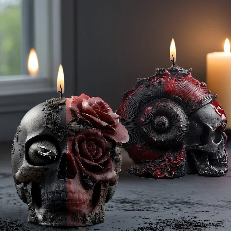 Bougie Crâne Bicolore Noir et Rouge avec Roses Sculptées