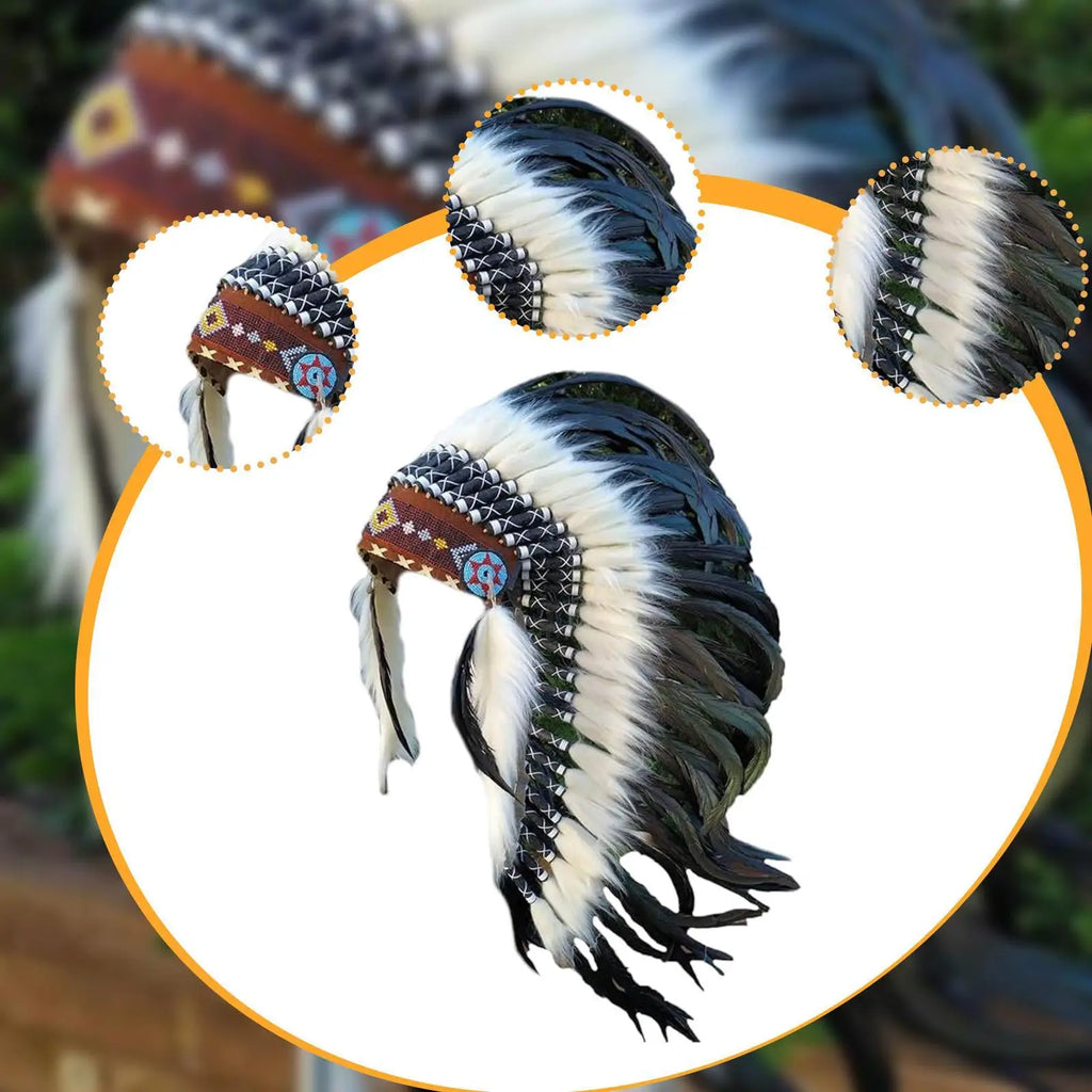 Coiffe Amérindienne à Plumes Blanches et Noires avec Perles