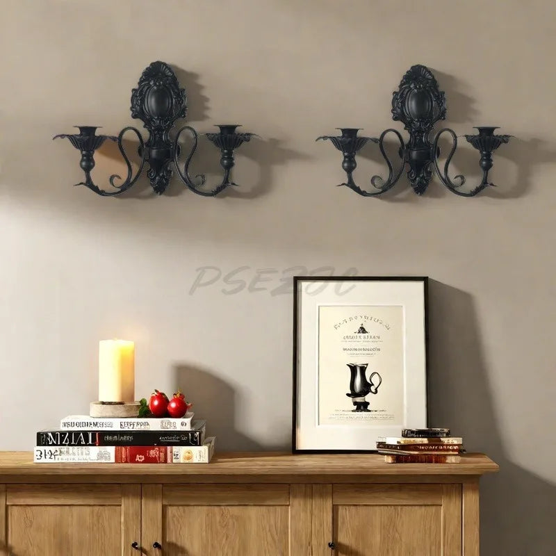 Applique Murale Baroque en Métal Noir à Deux Bougies
