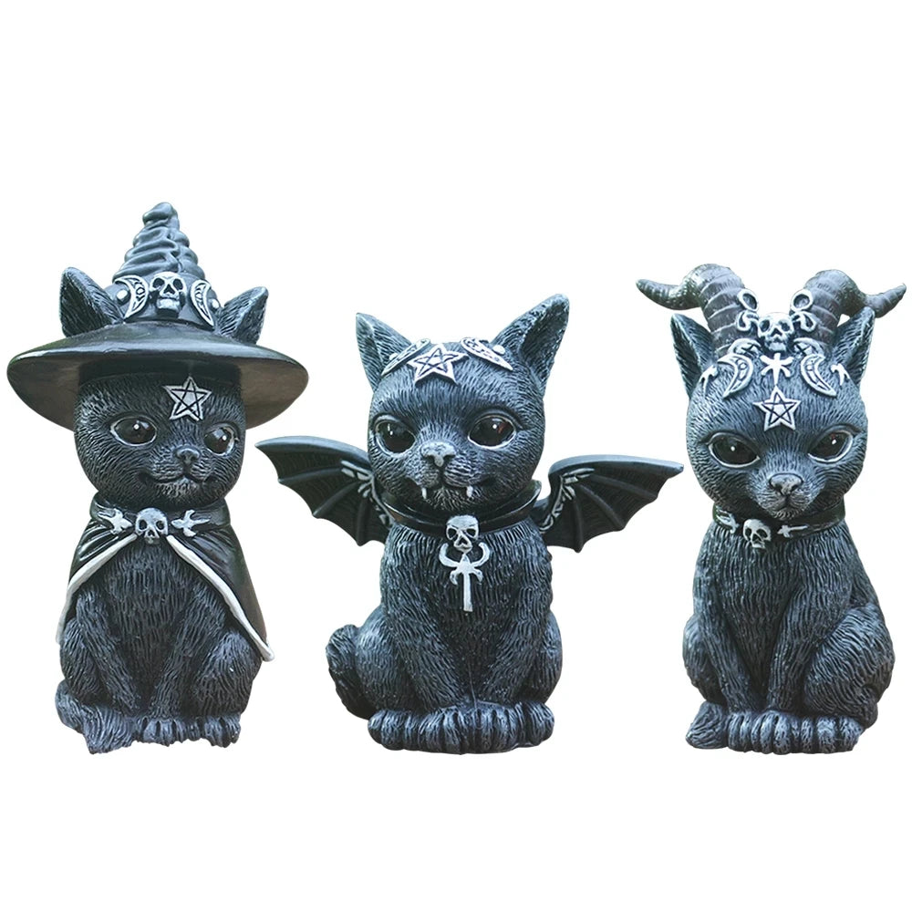 Statuettes Chats Gothiques Noirs à Pentagramme en Résine