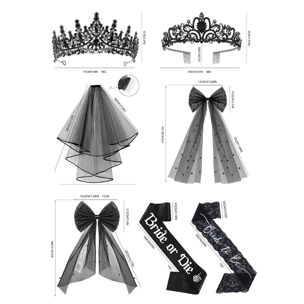 Kit de Mariée Gothique Noir Voile Tiare et Écharpes