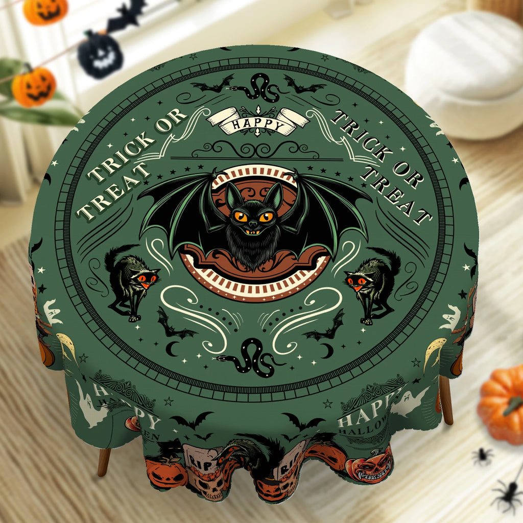 Nappe Ronde Halloween Vert "Trick or Treat" à Chauve-Souris