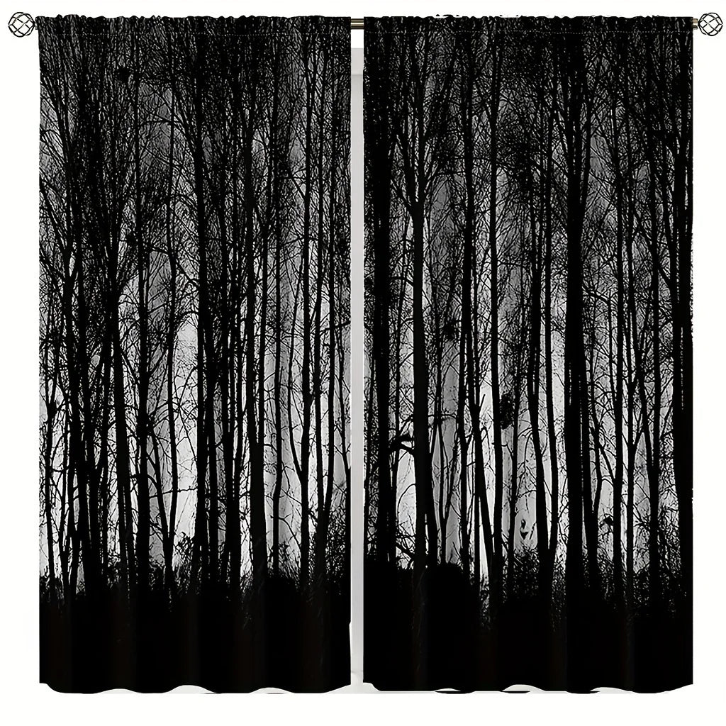 Rideaux Graphiques à Silhouette d'Arbres Noirs