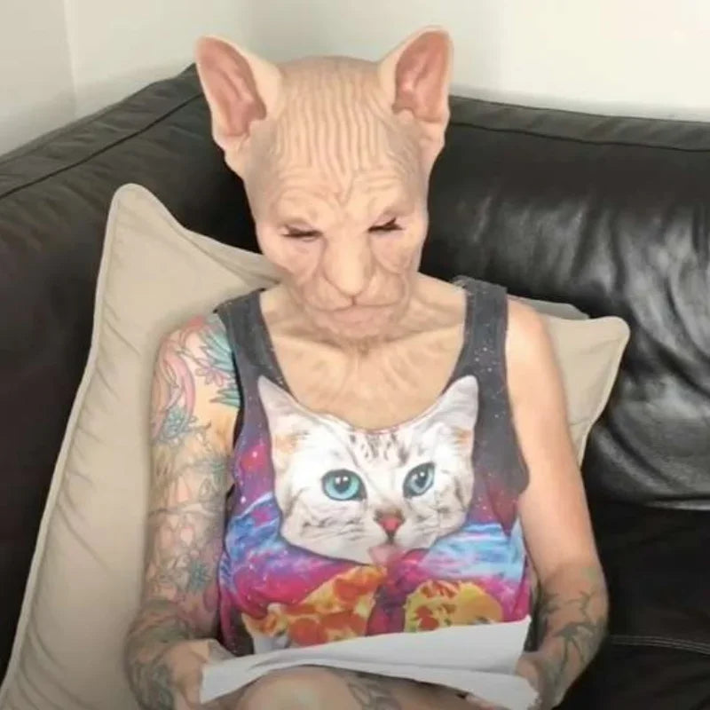 Masque en Latex Tête Complète de Chat Sphynx Réaliste