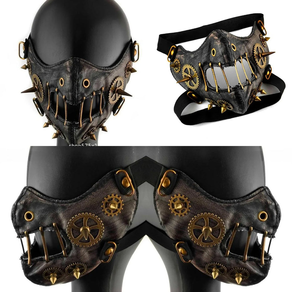 Cache-Bouche Steampunk Noir avec Chaînes et Engrenages