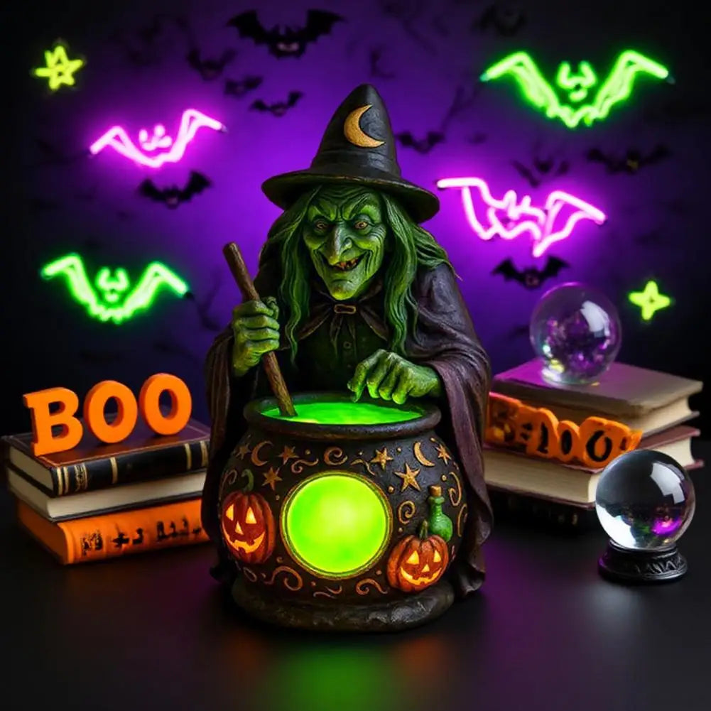 Figurine de Sorcière Verte au Chaudron Lumineux