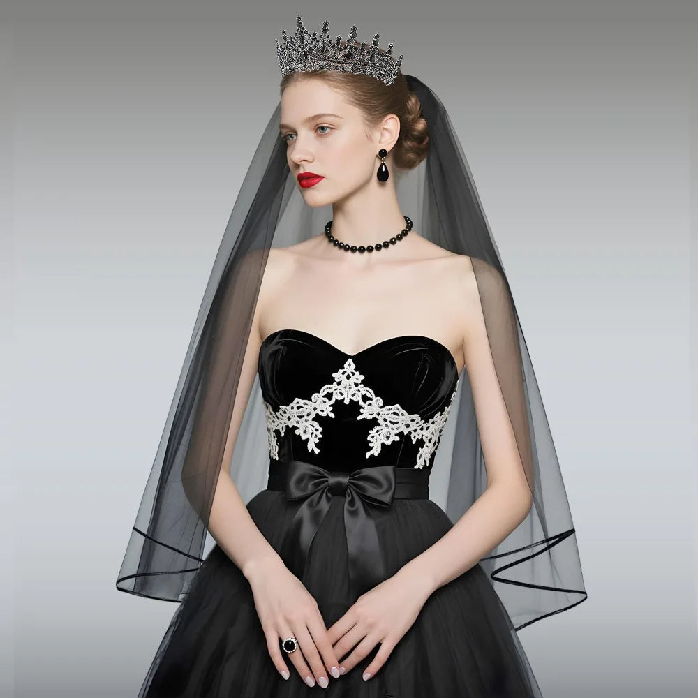 Kit de Mariée Gothique Noir Voile Tiare et Écharpes