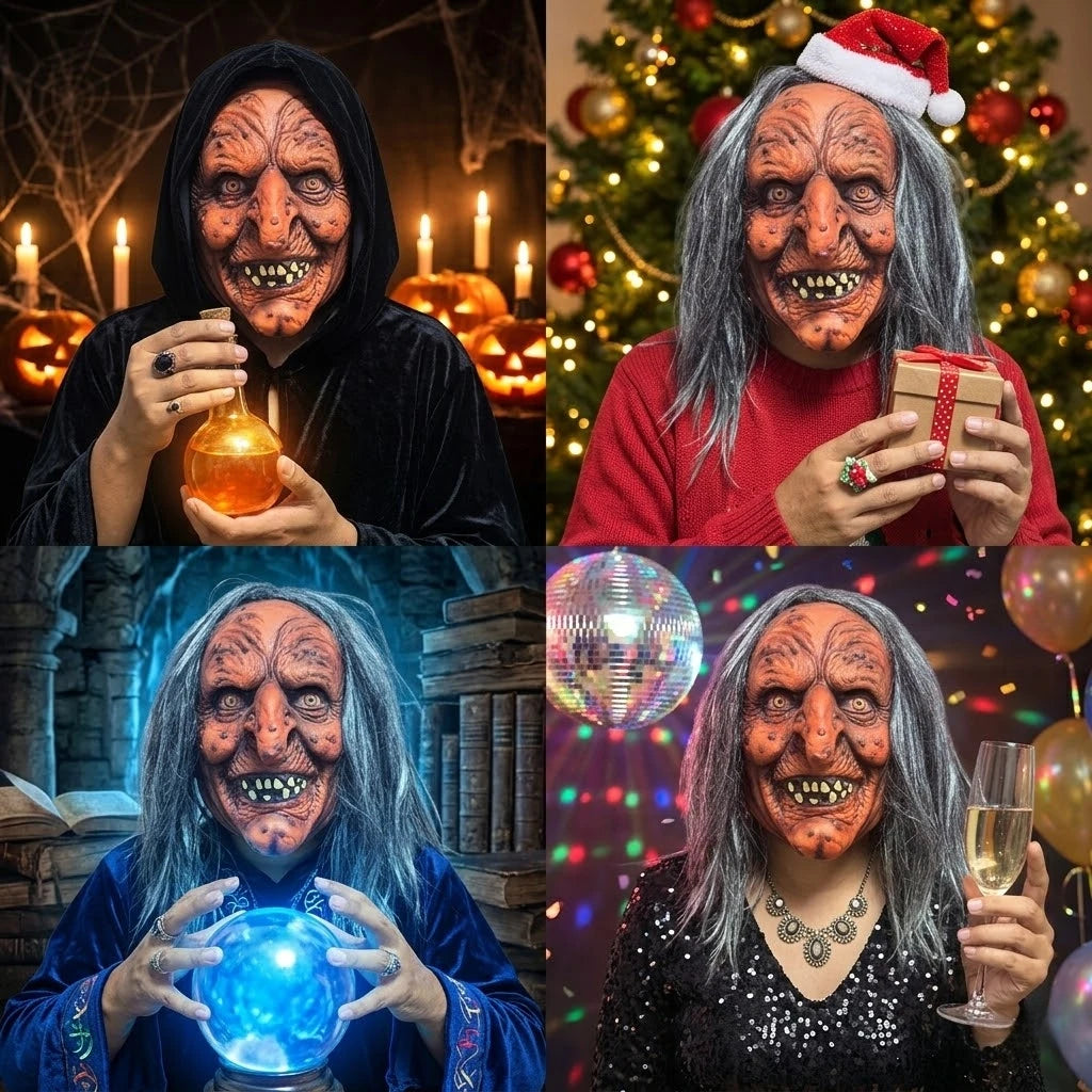 Masque de Sorcière Grotesque en Latex à Cheveux Gris