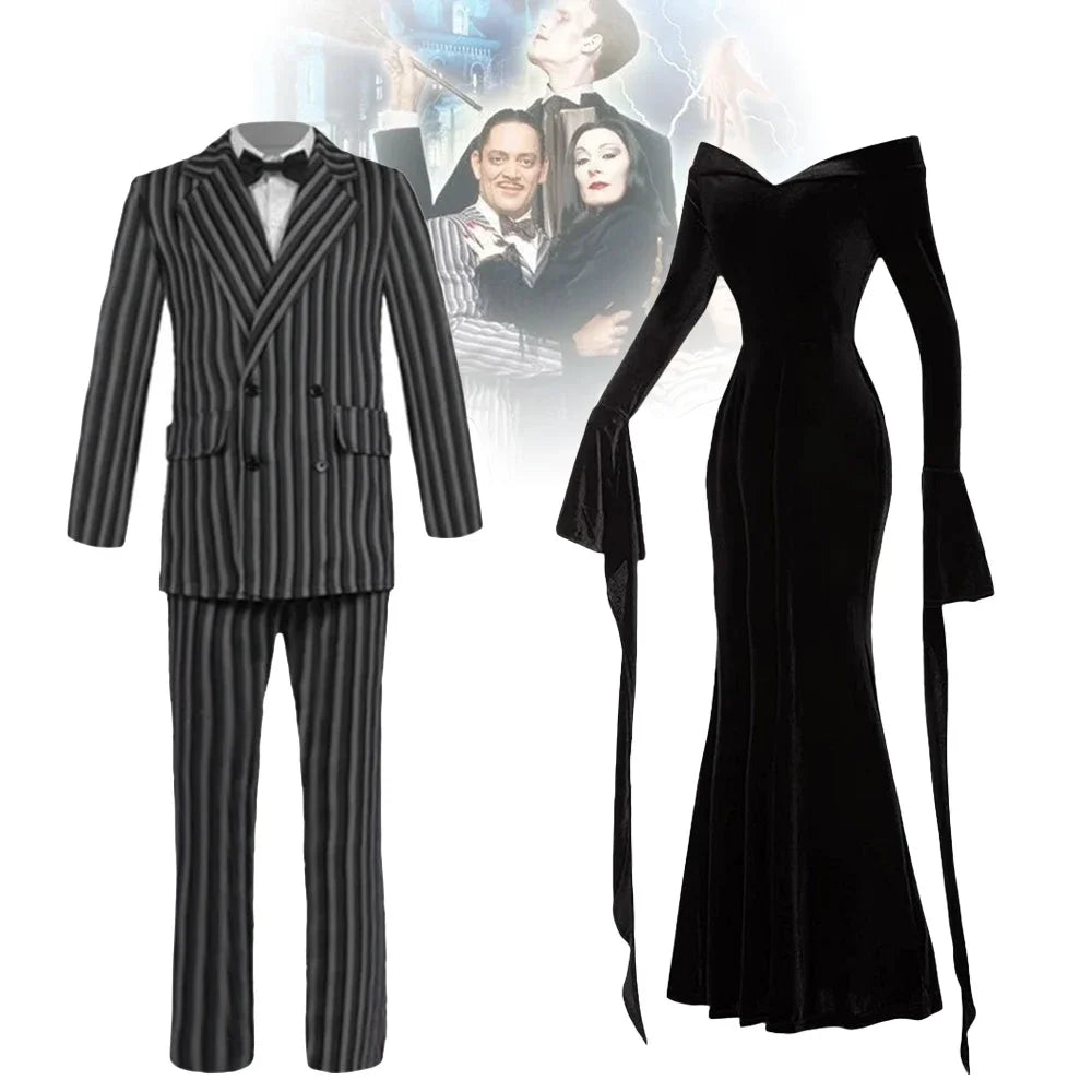 Costume Gomez Rayé et Robe Morticia Velours Adulte