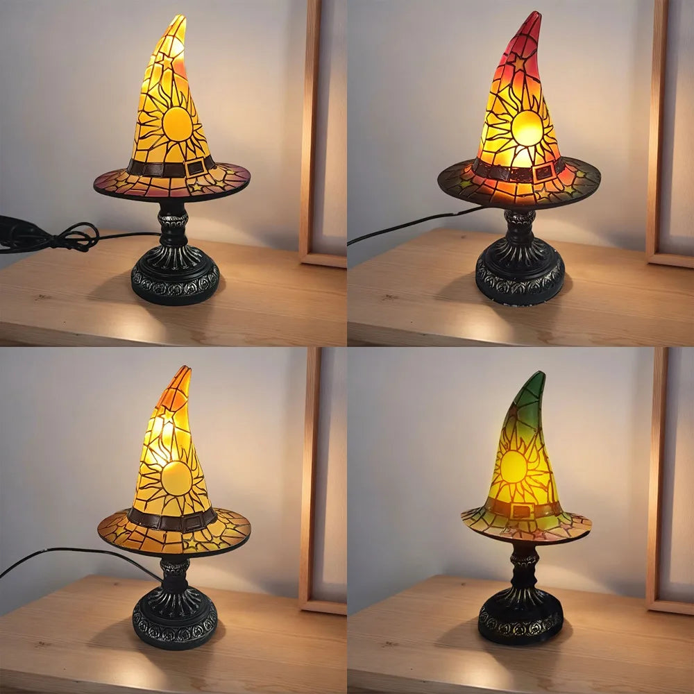 Lampe de Table Chapeau Sorcière en Vitrail Vert Soleil Étoiles