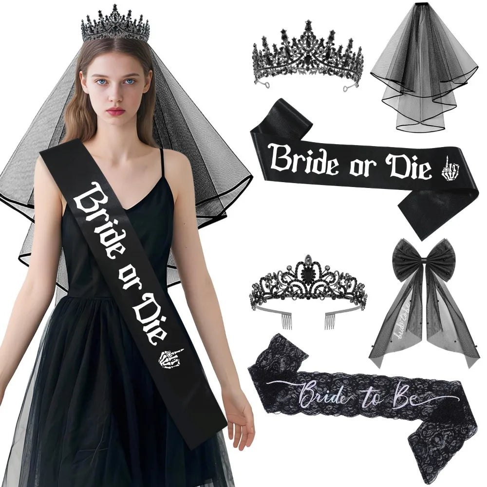 Kit de Mariée Gothique Noir Voile Tiare et Écharpes