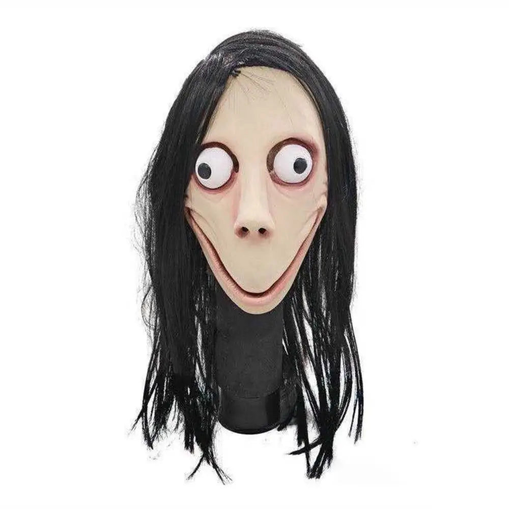Masque Momo Horrifique en Latex et Cheveux Noirs