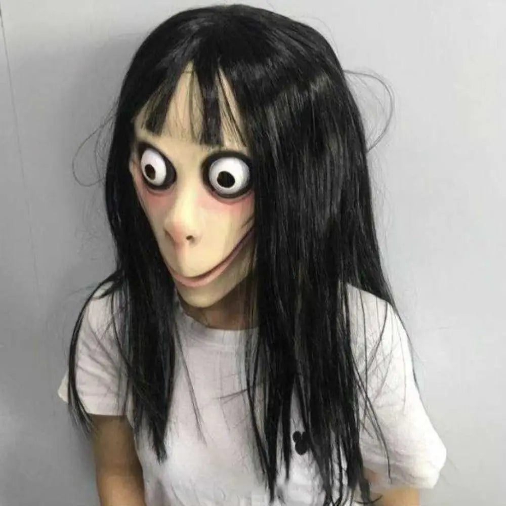 Masque Momo Horrifique en Latex et Cheveux Noirs