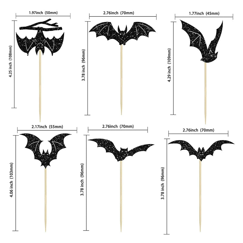 Piques à Gâteau Chauves-Souris Noires Pailletées
