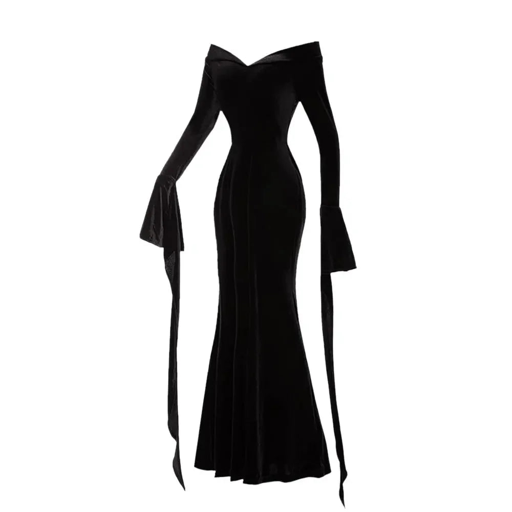 Costume Gomez Rayé et Robe Morticia Velours Adulte
