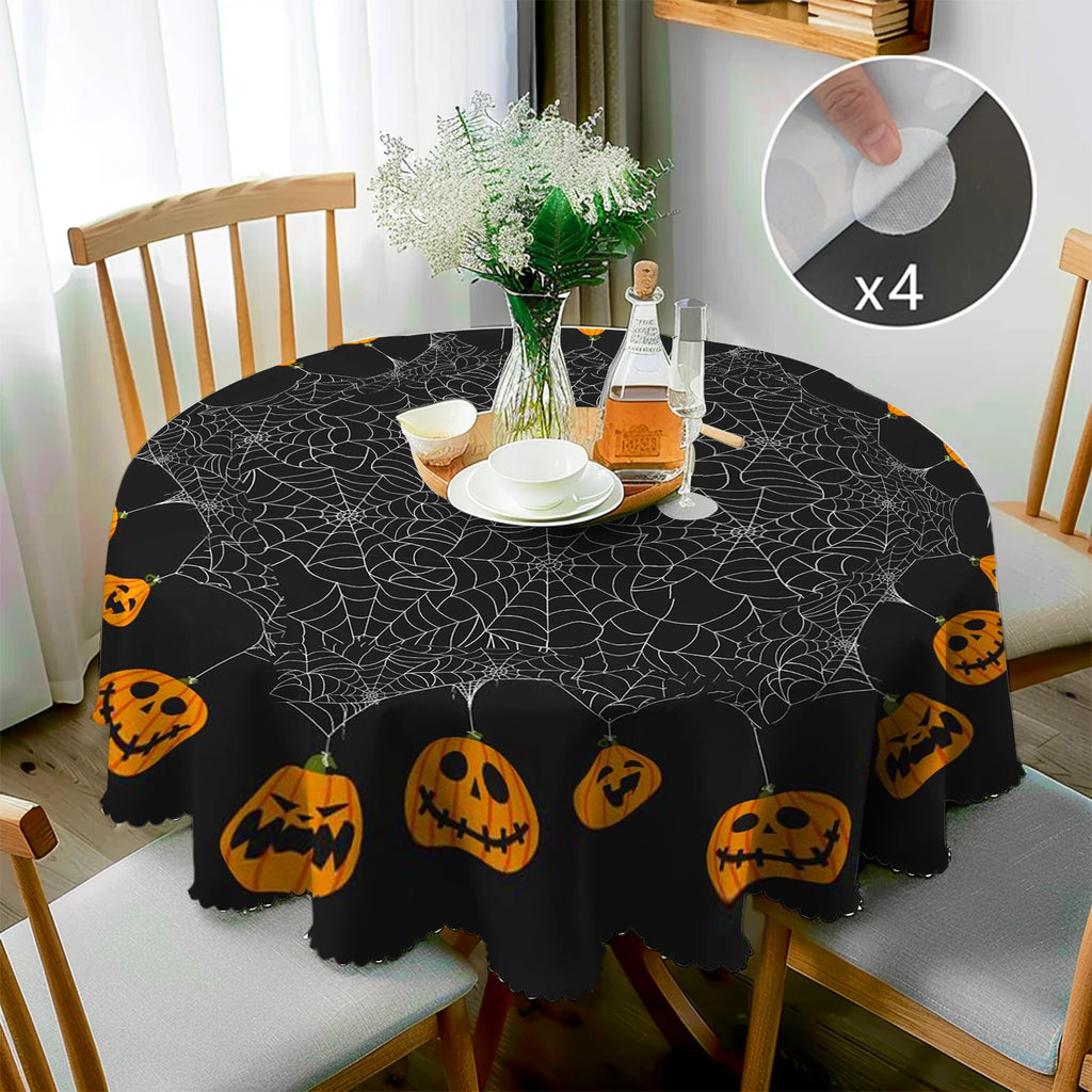 Nappe Ronde d'Halloween Noire à Toiles et Citrouilles
