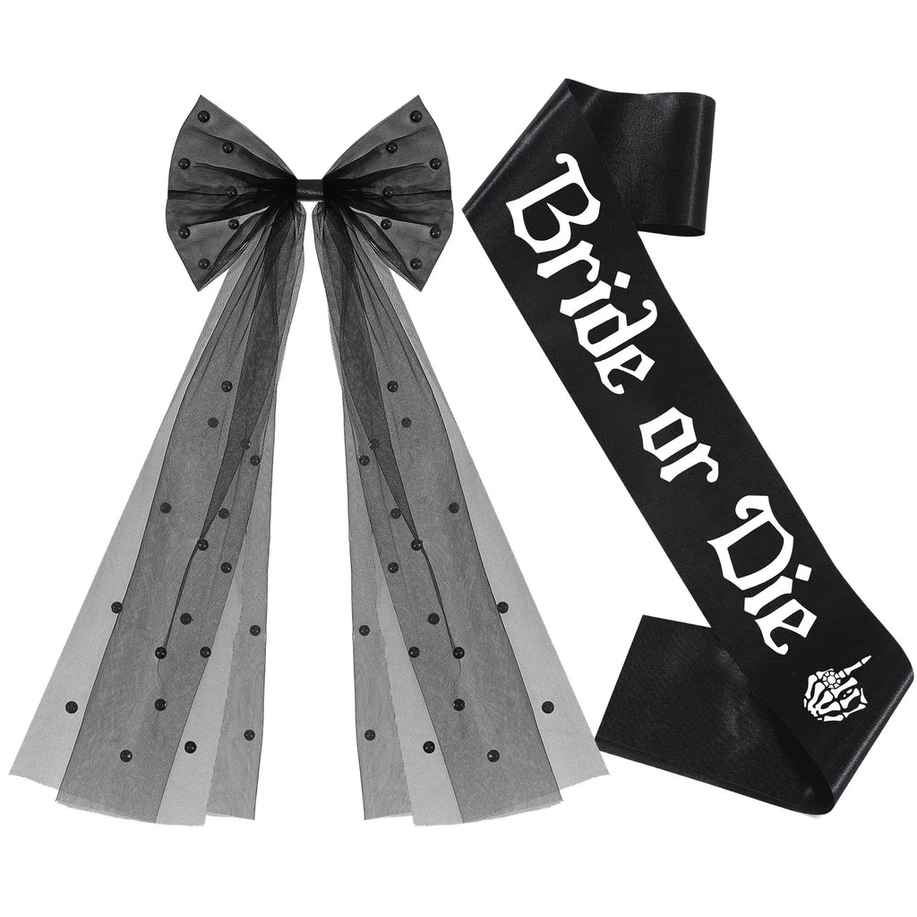 Kit de Mariée Gothique Noir Voile Tiare et Écharpes