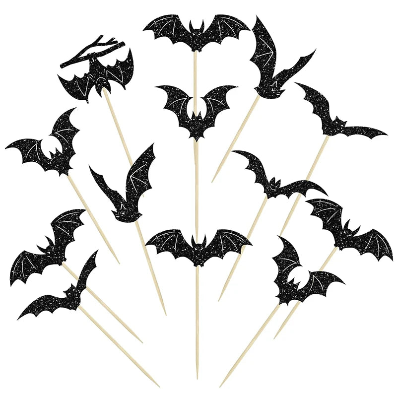 Piques à Gâteau Chauves-Souris Noires Pailletées