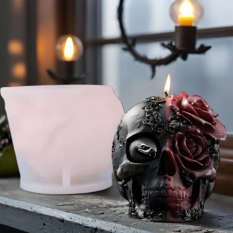 Bougie Crâne Bicolore Noir et Rouge avec Roses Sculptées