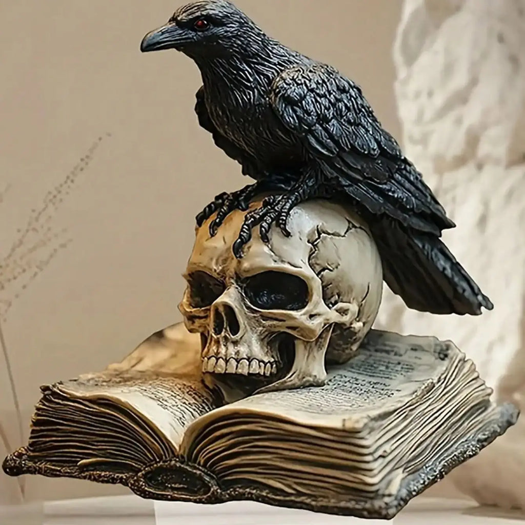 Statuette de Corbeau Noir sur Crâne et Livre Ouvert
