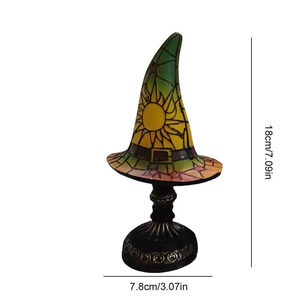 Lampe de Table Chapeau Sorcière en Vitrail Vert Soleil Étoiles