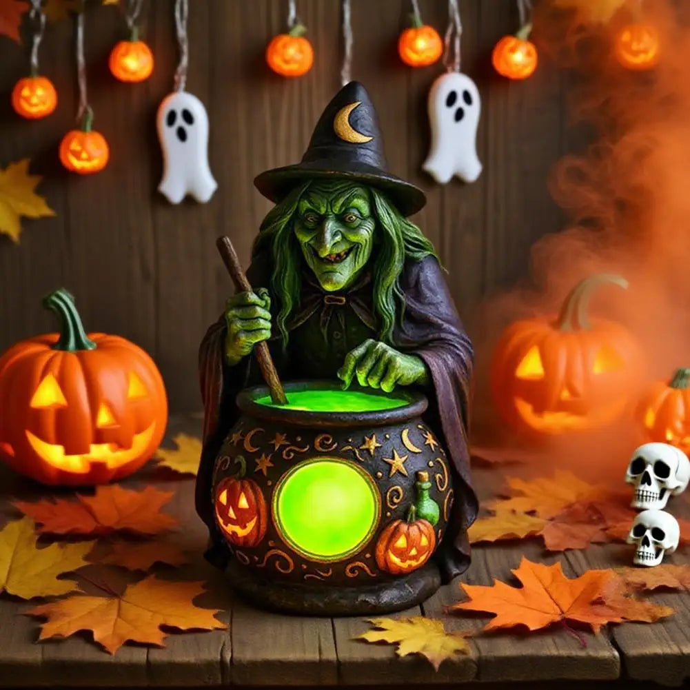 Figurine de Sorcière Verte au Chaudron Lumineux
