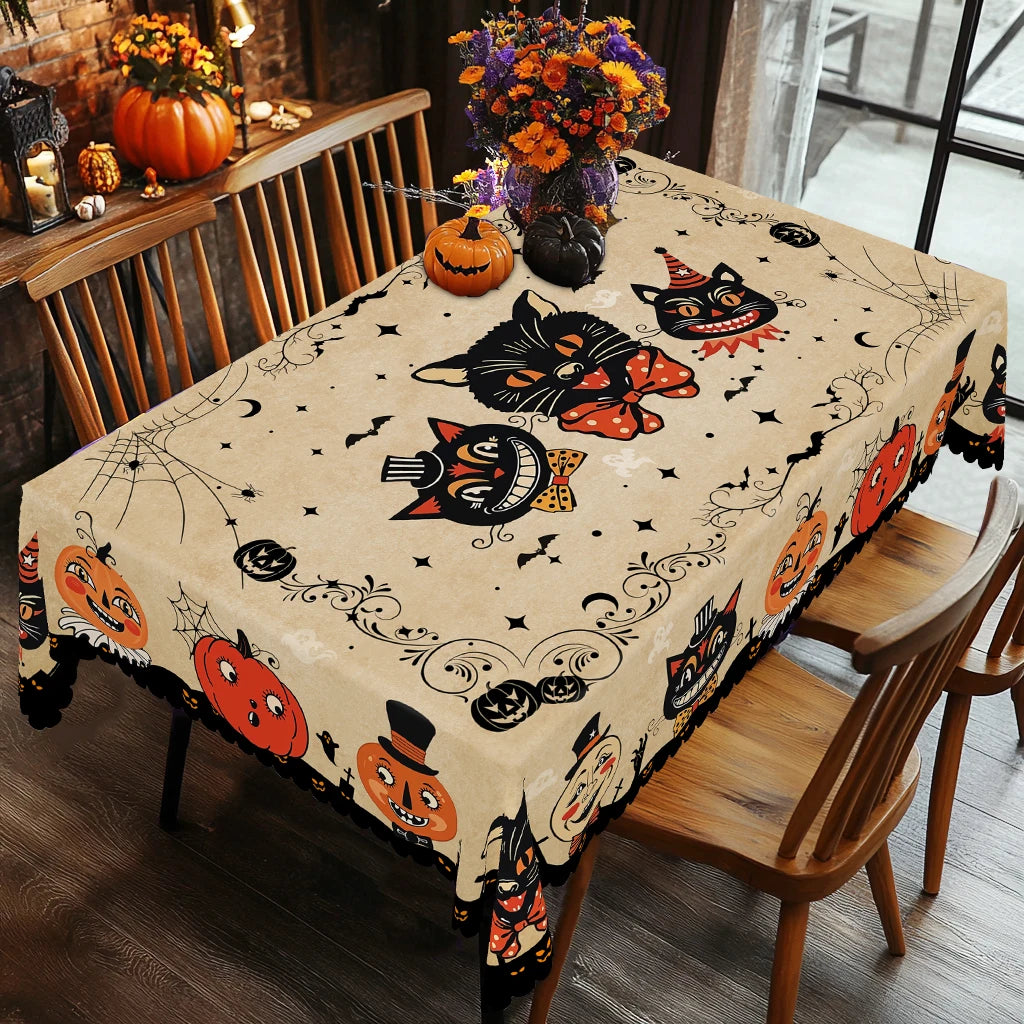 Nappe d'Halloween Rétro Beige à Chats et Citrouilles