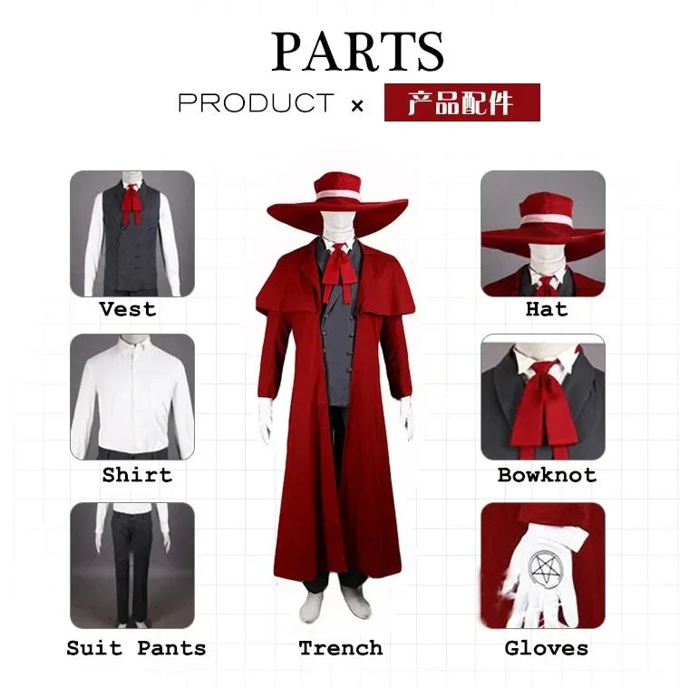 Costume Cosplay Homme Rouge avec Chapeau Large Bord