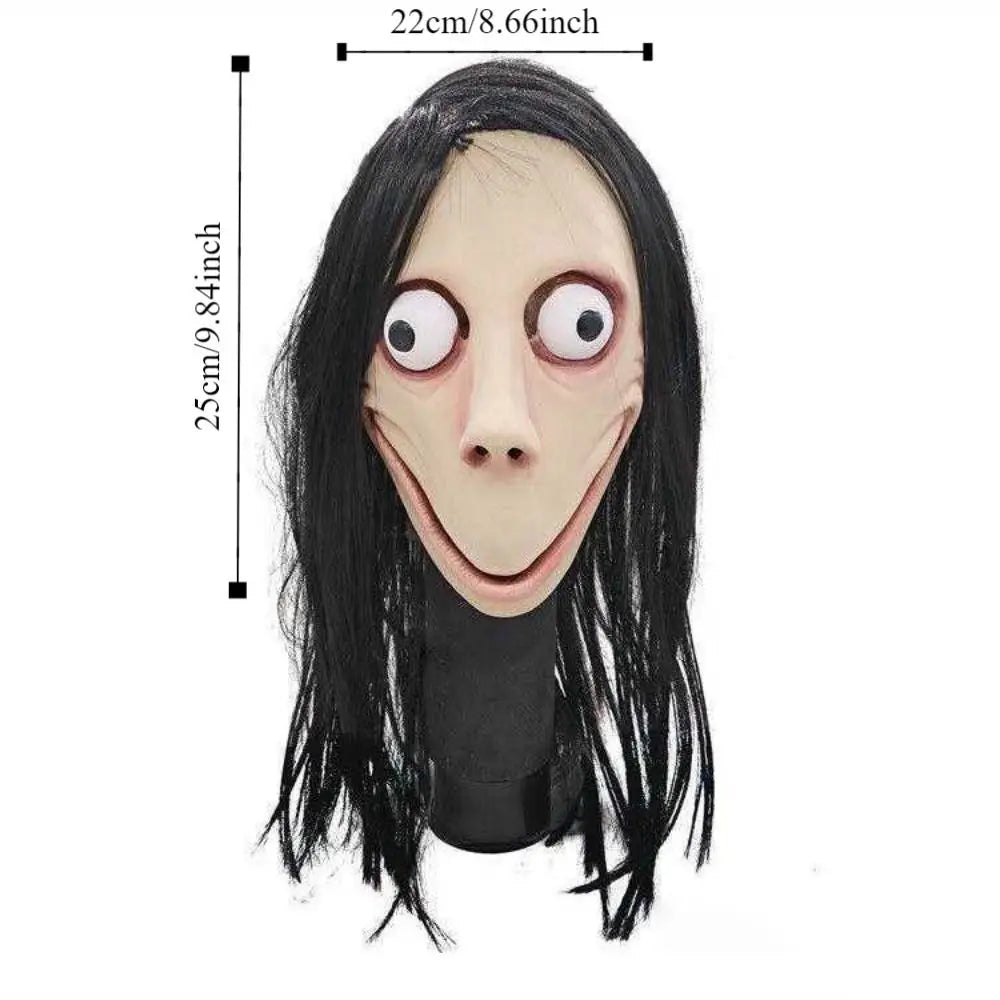 Masque Momo Horrifique en Latex et Cheveux Noirs