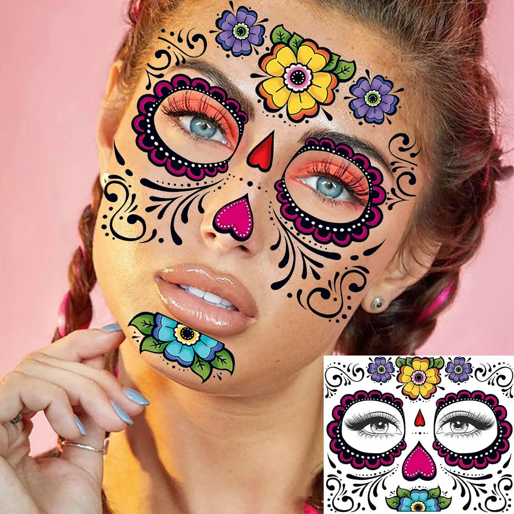 Tatouage Temporaire de Visage Calavera Fleuri