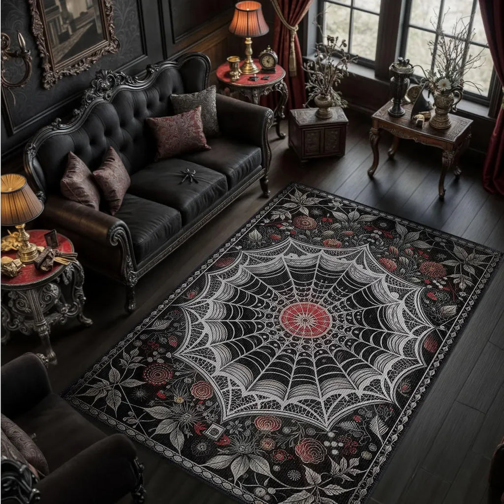 Tapis Rectangulaire Noir Toile d'Araignée et Bordure Gothique