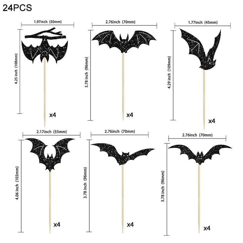 Piques à Gâteau Chauves-Souris Noires Pailletées