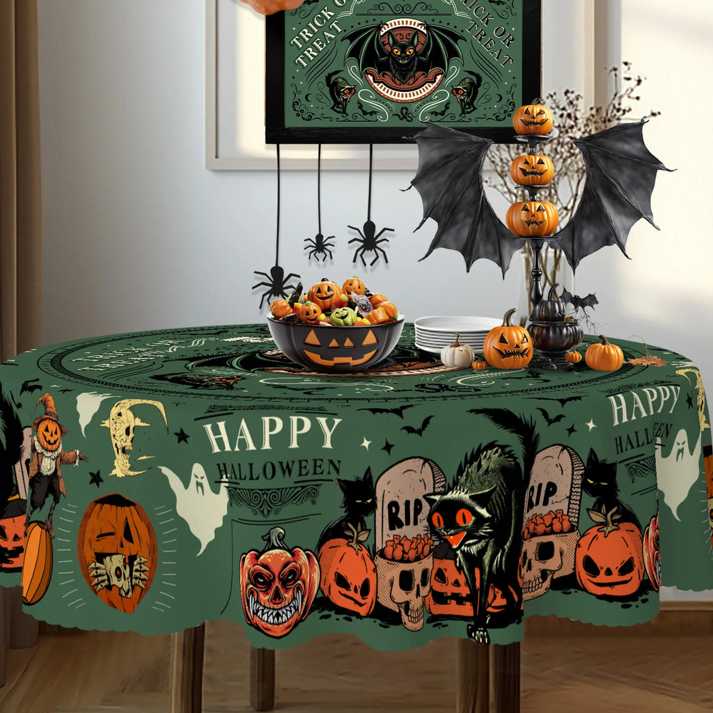 Nappe Ronde Halloween Vert "Trick or Treat" à Chauve-Souris