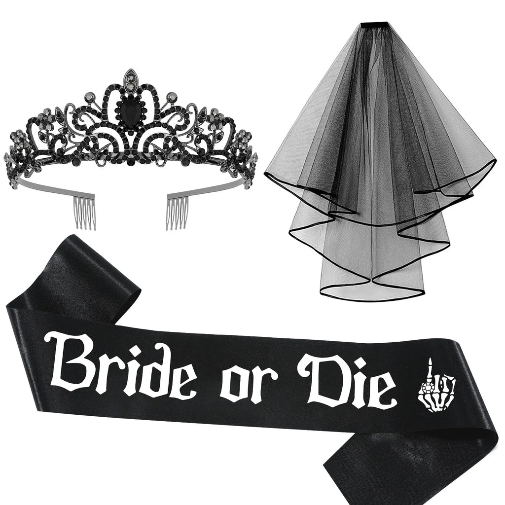 Kit de Mariée Gothique Noir Voile Tiare et Écharpes