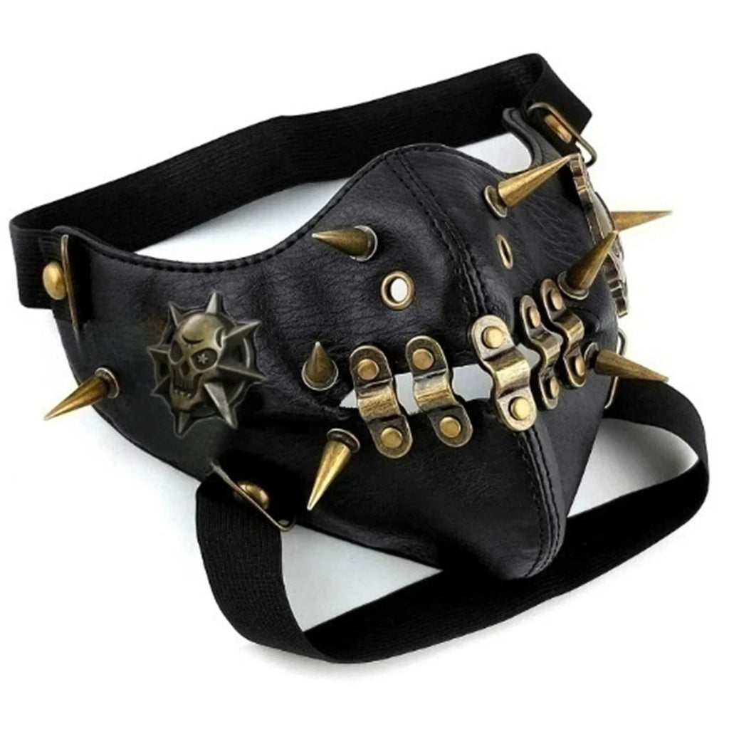 Masque en Simili-Cuir Noir à Pics et Crâne Bronze