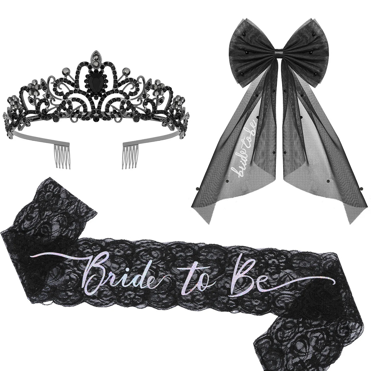 Kit de Mariée Gothique Noir Voile Tiare et Écharpes