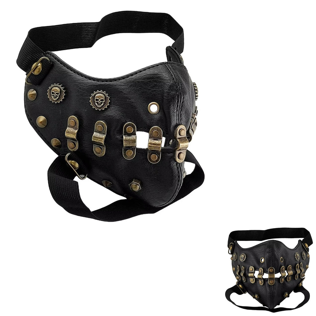 Masque Steampunk en Faux Cuir Noir à Clous Crânes