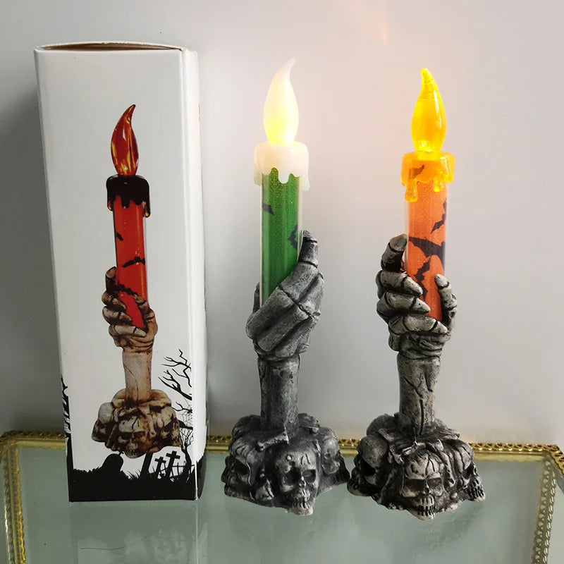 Bougie LED Halloween Main de Squelette et Crânes