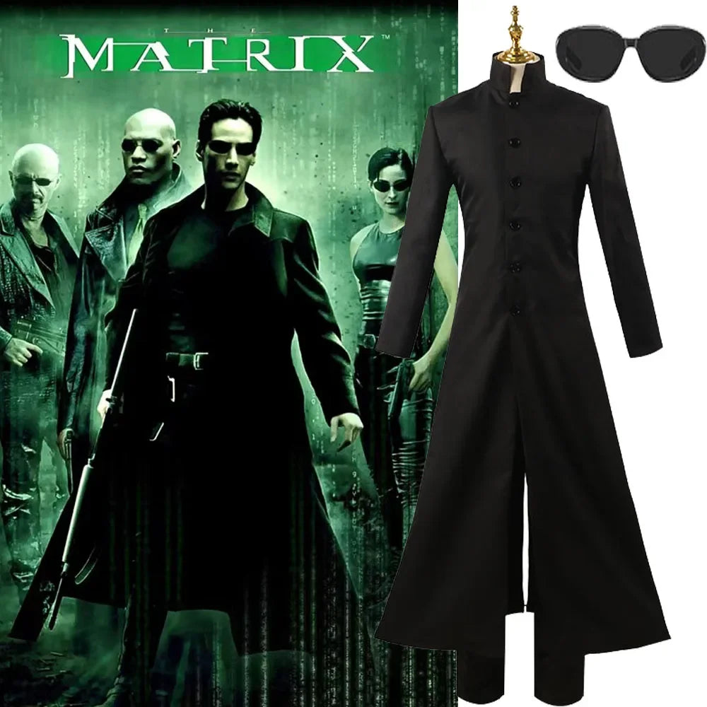 Costume Neo Matrix Noir avec Manteau Long et Lunettes