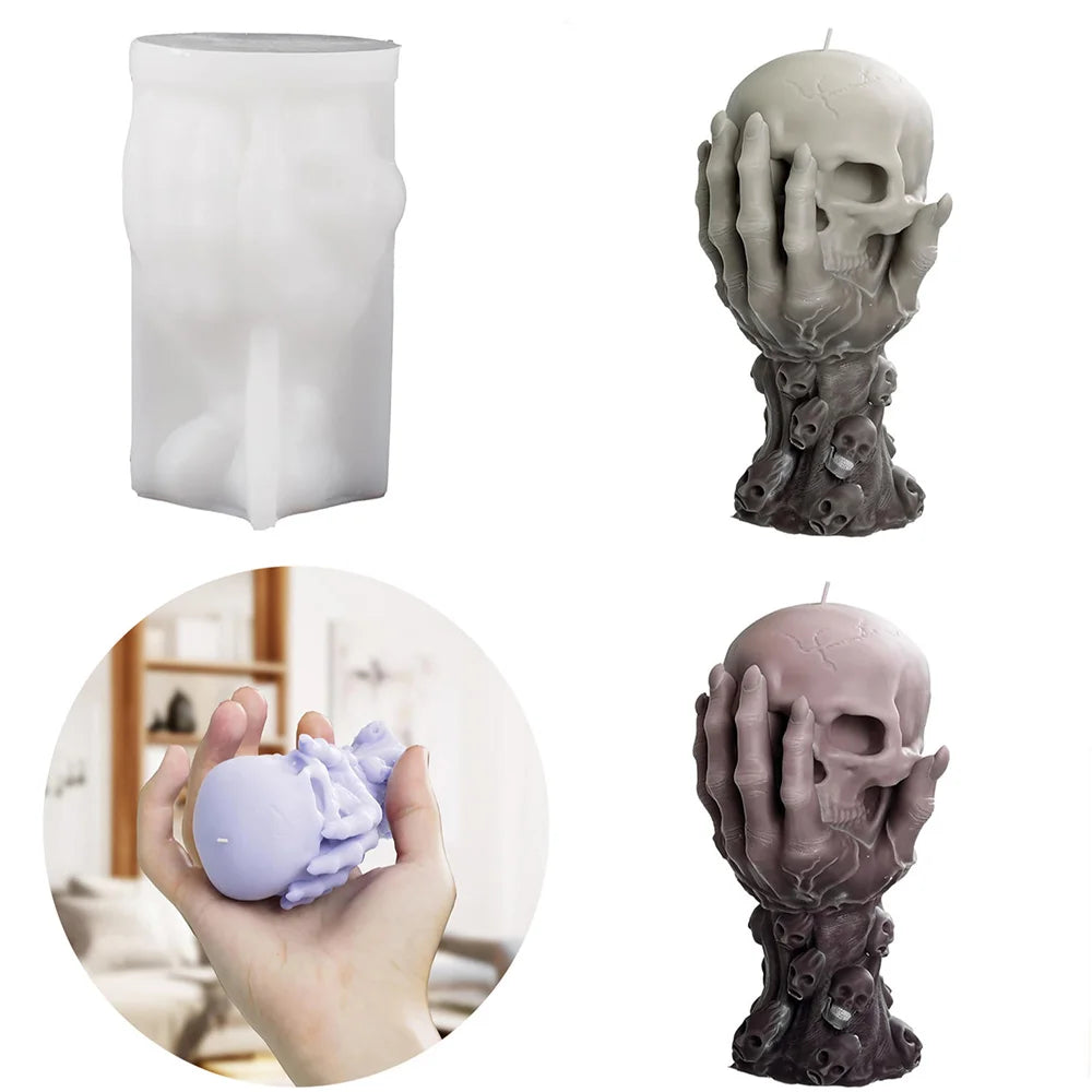 Bougie Décorative Crâne Tenu par une Main et Petits Crânes