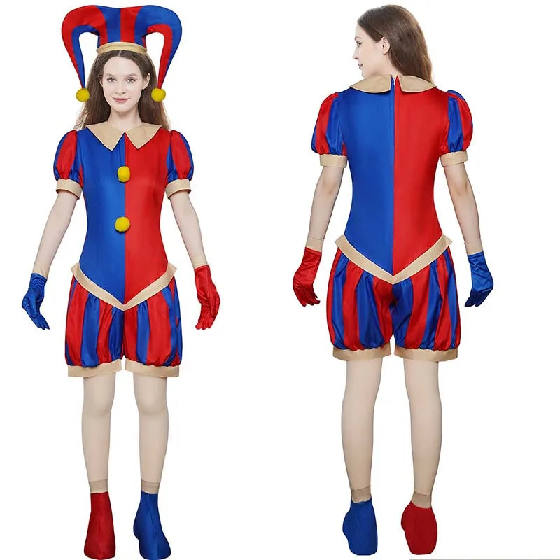 Costume d'Arlequin Rouge et Bleu à Pompons