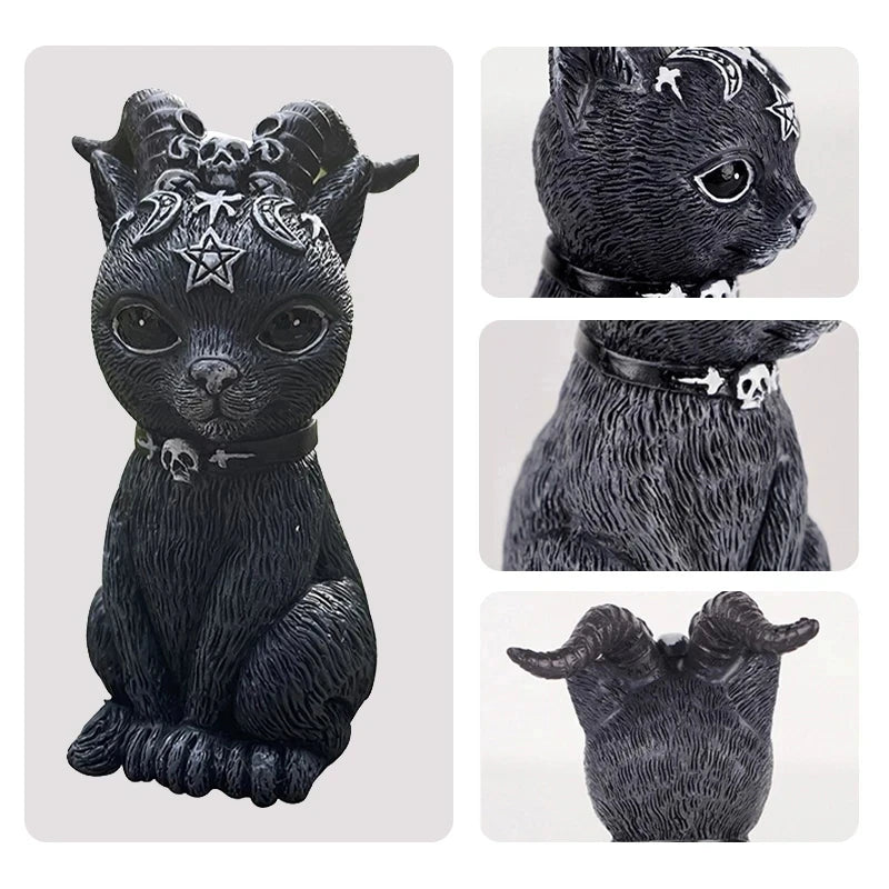 Statuettes Chats Gothiques Noirs à Pentagramme en Résine
