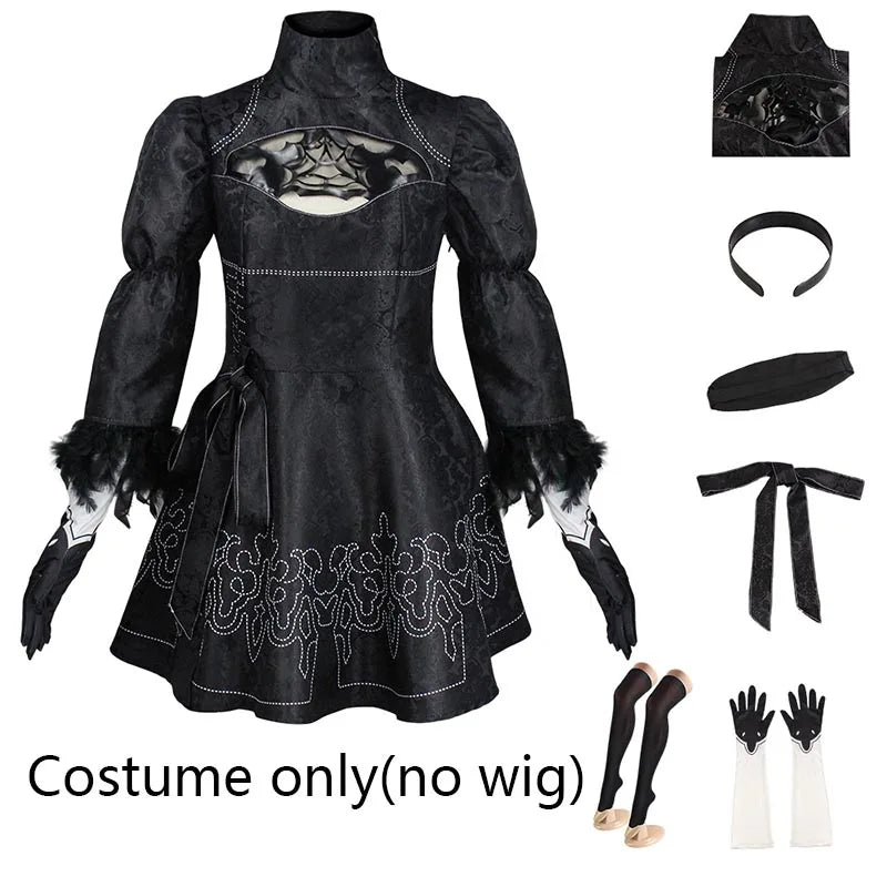 Costume de Cosplay Nier 2B Robe Noire avec Perruque Blanche