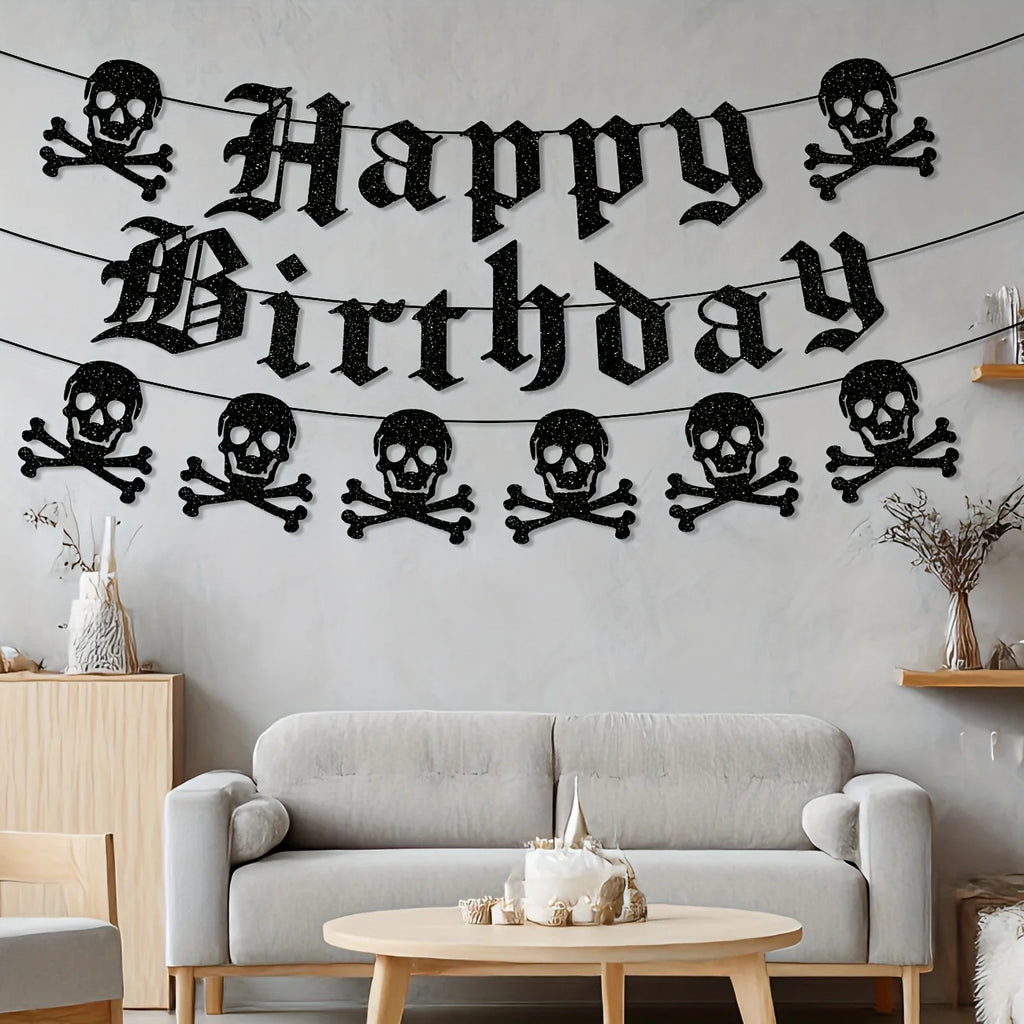 Bannière Anniversaire Gothique Noire Pailletée et Crânes