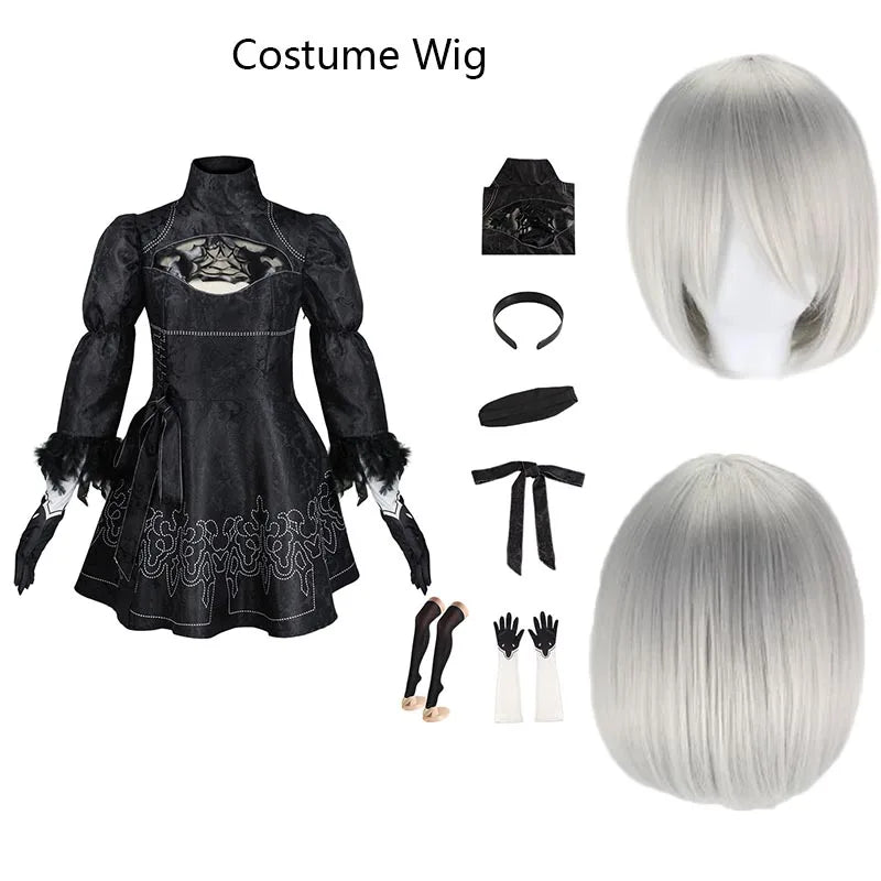 Costume de Cosplay Nier 2B Robe Noire avec Perruque Blanche