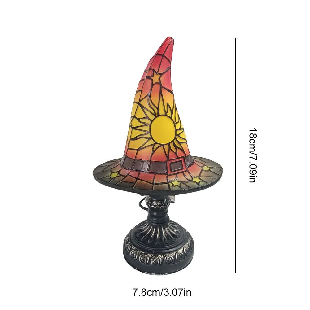 Lampe de Table Chapeau Sorcière en Vitrail Vert Soleil Étoiles