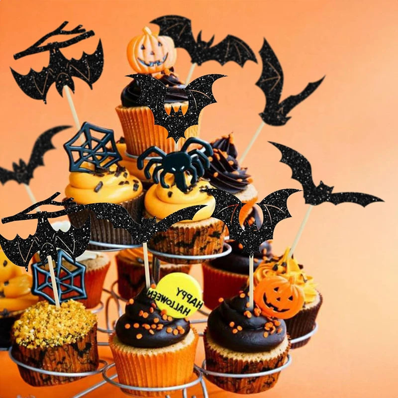 Piques à Gâteau Chauves-Souris Noires Pailletées